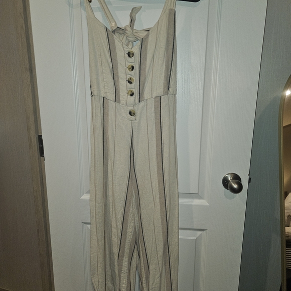 Indigo Rein Pants - Indigo Rein Boho Beige and Black Striped Linen Blend Summer Jumpsuit Size Large